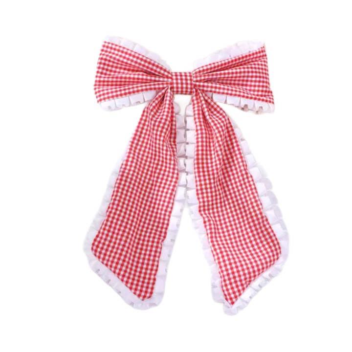 Red Plaid Ruffled Long Tail Hair Tied Bow w/ Clip for wholesale by Pretty in Pink Bows