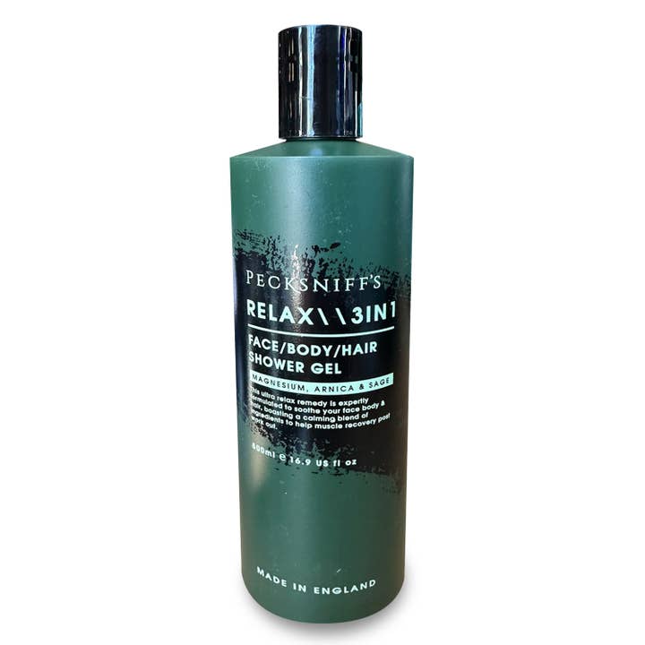 Pecksniffs Relax Magnesium 3-in-1 douchegel van Arnica & Sage | 500 ml /16,9 Fl Oz voor wholesale door Prestige Beauty Boutique