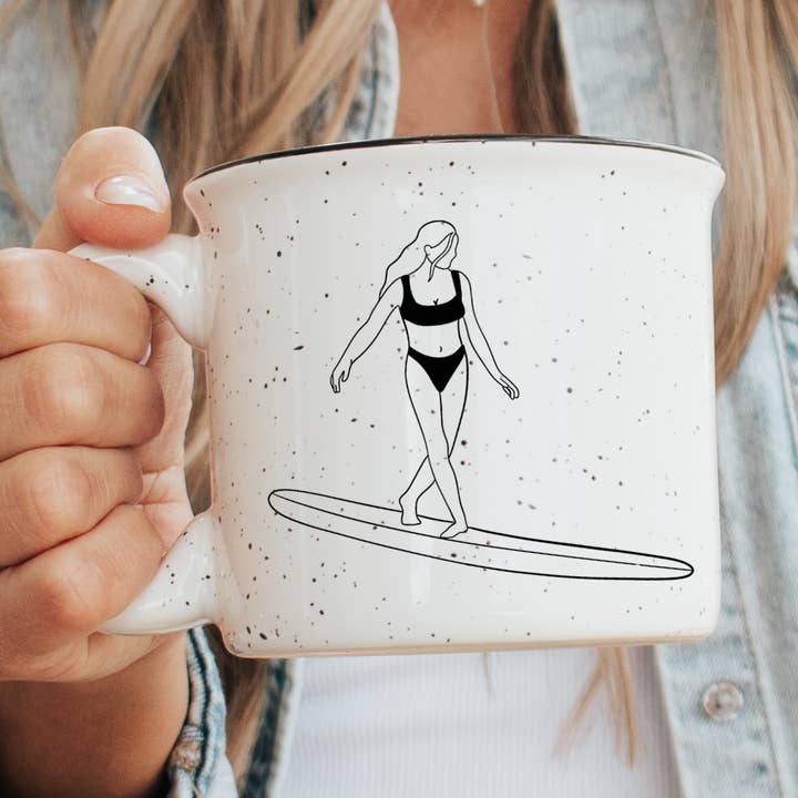 Surfer Girl Ceramic Mug Speckled Cream 13oz for wholesale by SEA + SHELL