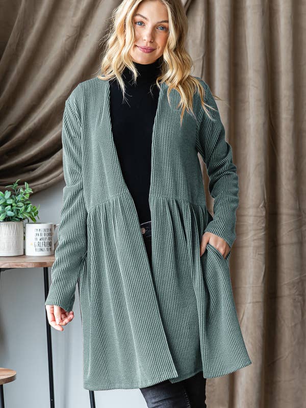 CARDIGAN OUVERT À VOLANTS CÔTELÉ CÔTELÉ UNI À MANCHES LONGUES pour la vente par Pink Irene Wholesale