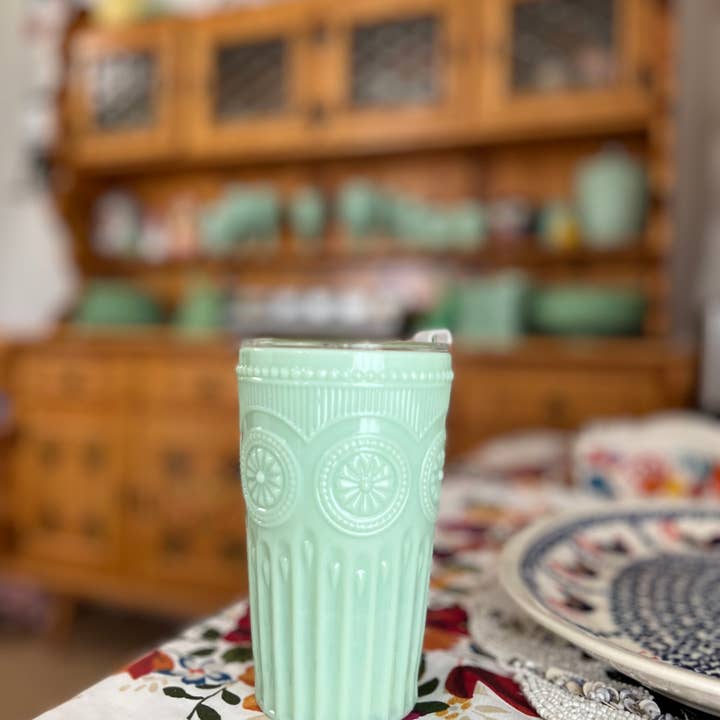 Mami24Seven - Wholesale Insulated Mug/Tumbler - Jadeite Amelie Sunflower Pattern Coffee Tumbler