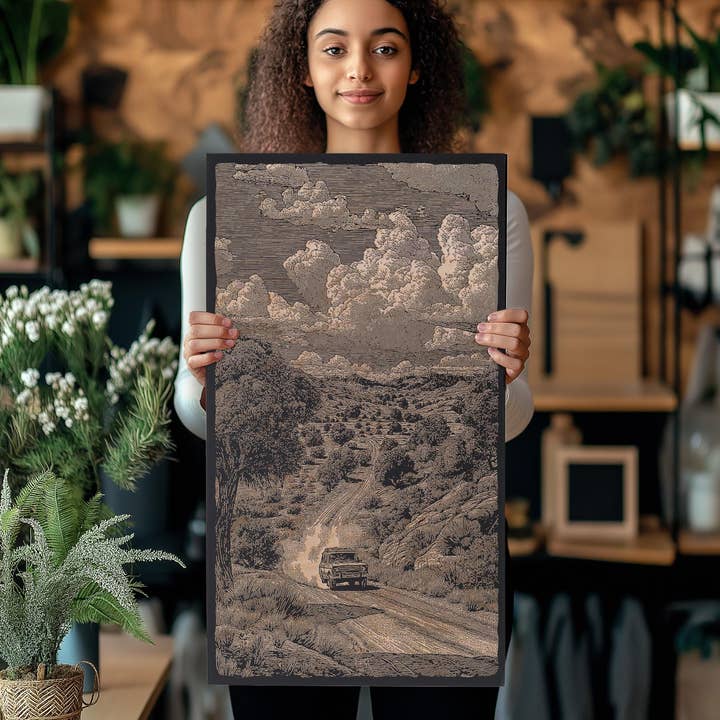 Desert Road Trip Engraved Wood Illustrations for wholesale by Benoit's Design Co.