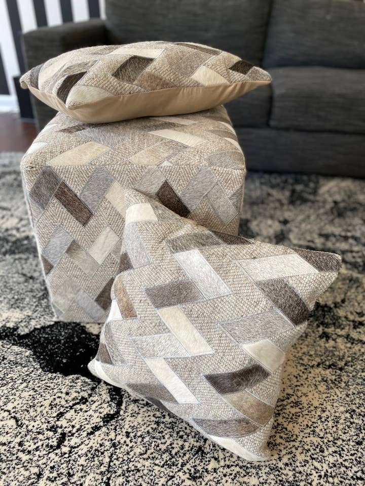 Geometric Leather & Wool Pouf Owen, Grey (18"x18"x18") for wholesale by Noori Rug
