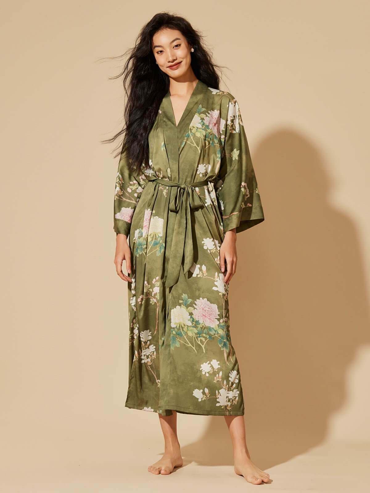Floral Olive Kimono Robe for wholesale on Faire