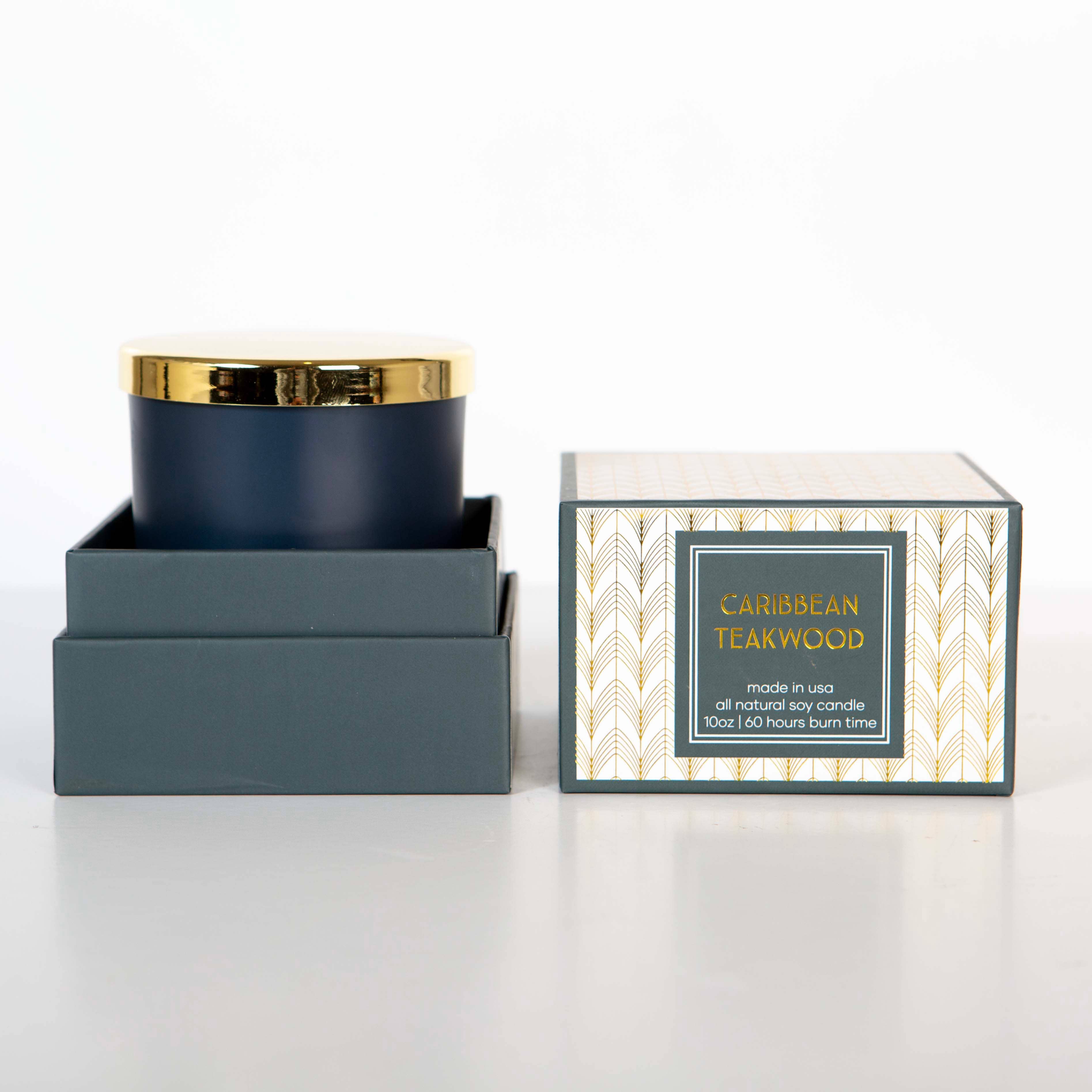 Mod Lounge Paper Company - Wholesale Jar/Filled Candle - Blue Caribbean Teakwood Mid Century Gold Foil Boxed Candle3