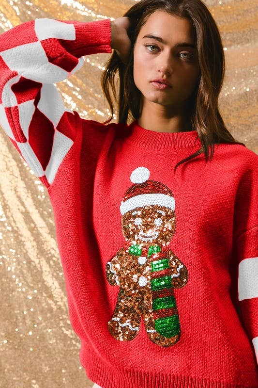 Vanilla Monkey - Wholesale Knit Sweater - Women's - Sequin Gingerbread Checker Christmas Sweater2