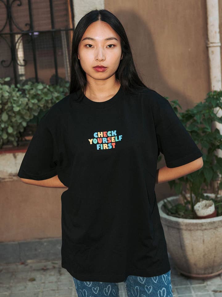 Check Yourself First - Screen Printed T-Shirt, Unisex for wholesale by Catharsis
