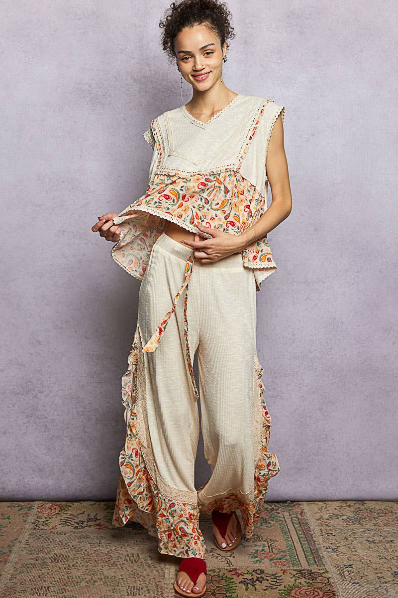 Pol Clothing - Wholesale Pants - Women's - Floral Pattern Ruffle Detail Ribbed Knit Pants25