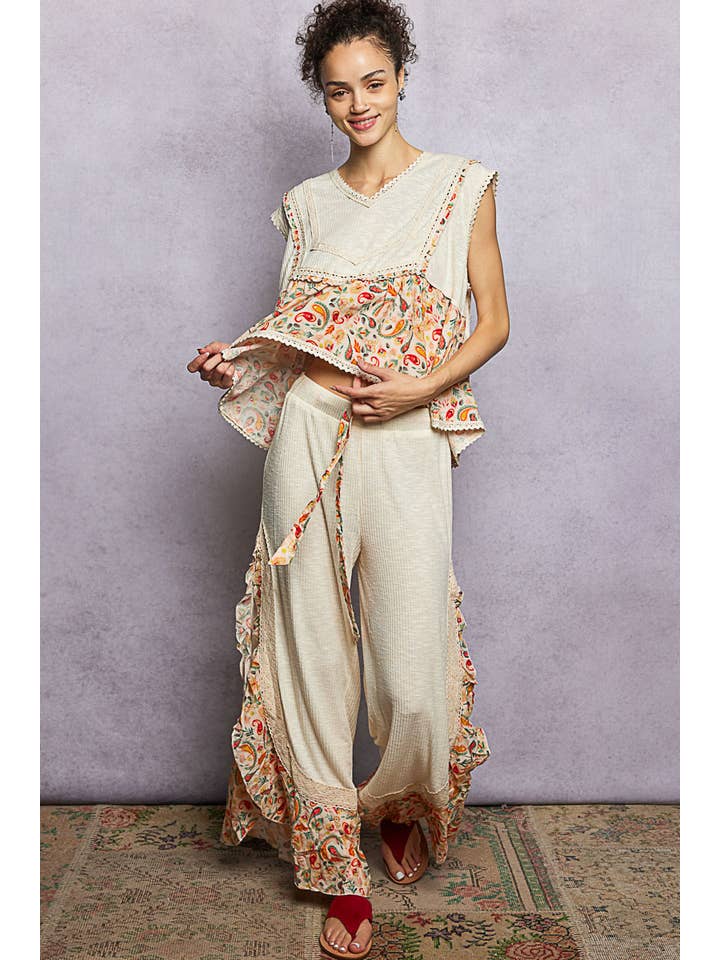 Pol Clothing - Wholesale Pants - Women's - Floral Pattern Ruffle Detail Ribbed Knit Pants25