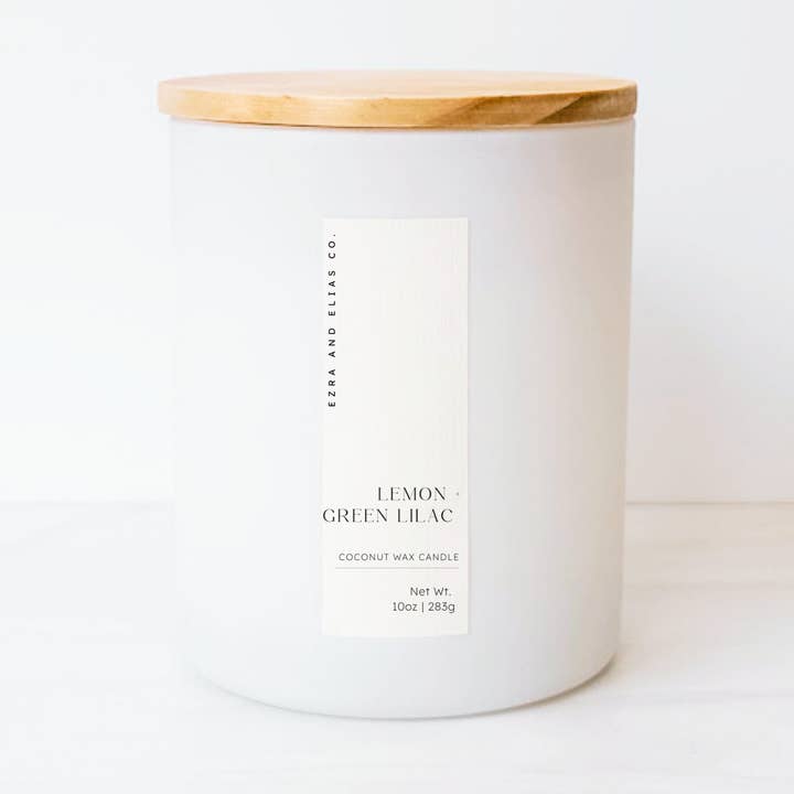 Lemon + Green Lilac Coconut Candle 10 oz. White Matte Glass for wholesale by Ezra and Elias Co.
