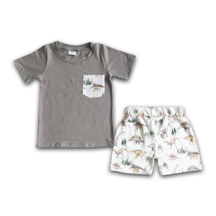 Yawoo Garments - Vente Ensemble haut et short – enfant - Tenue courte en forme de dinosaure gris pour garçon