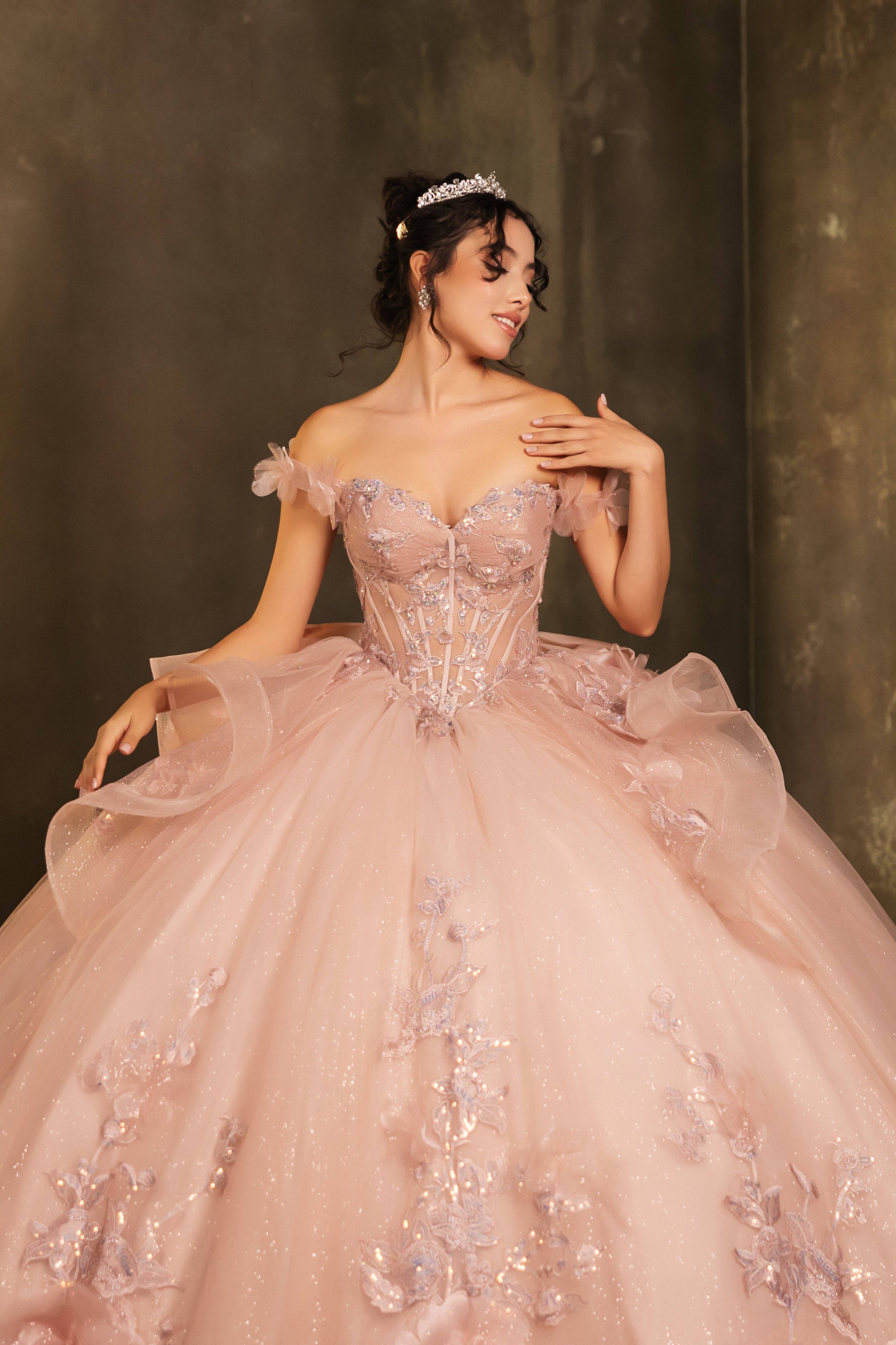 LA Merchandise - Wholesale Gown - Women's - LA270 Off-Shoulder Floral Applique Ball Gown with Glitter1