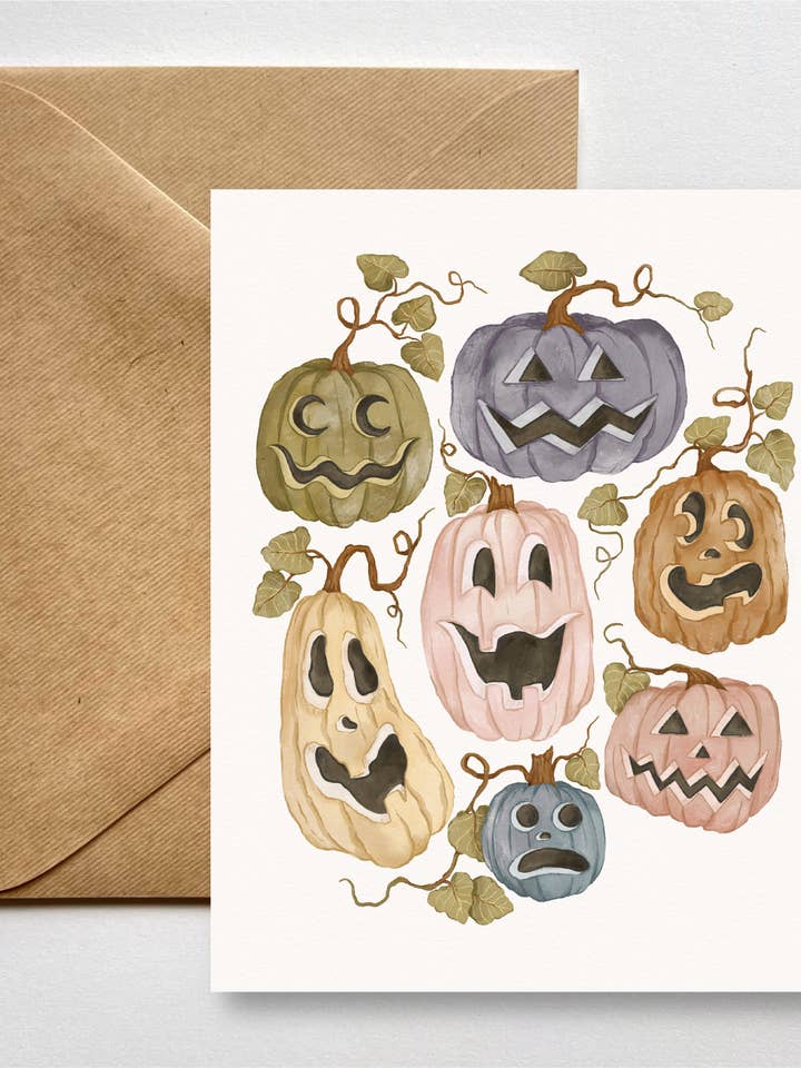 Pastel Pumpkins Jack-o-lanterns Greeting Card for wholesale by Fox & Fables