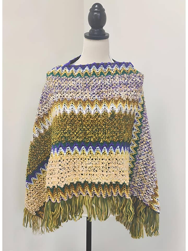 Fennco Styles - Wholesale Poncho - Women's - Green Striped Knit Tassel Pullover Poncho Sweater