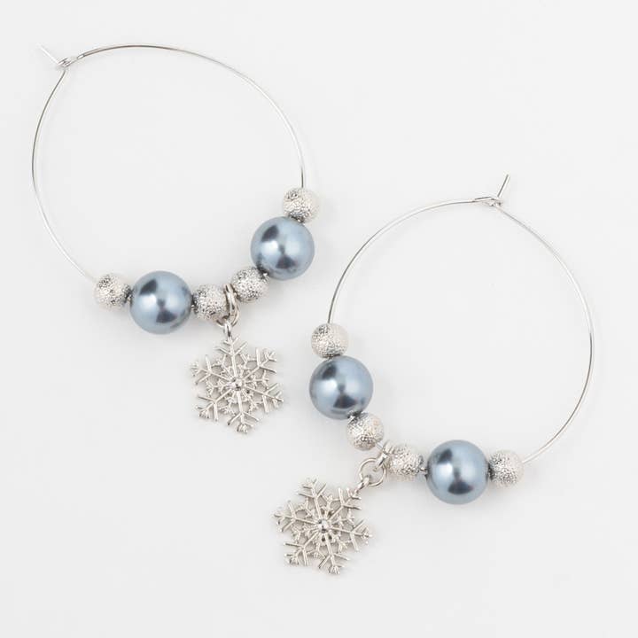 Howard's - Wholesale Hoop Earrings - Holiday Silver Christmas Snowflake Charm Bead Hoop Earrings