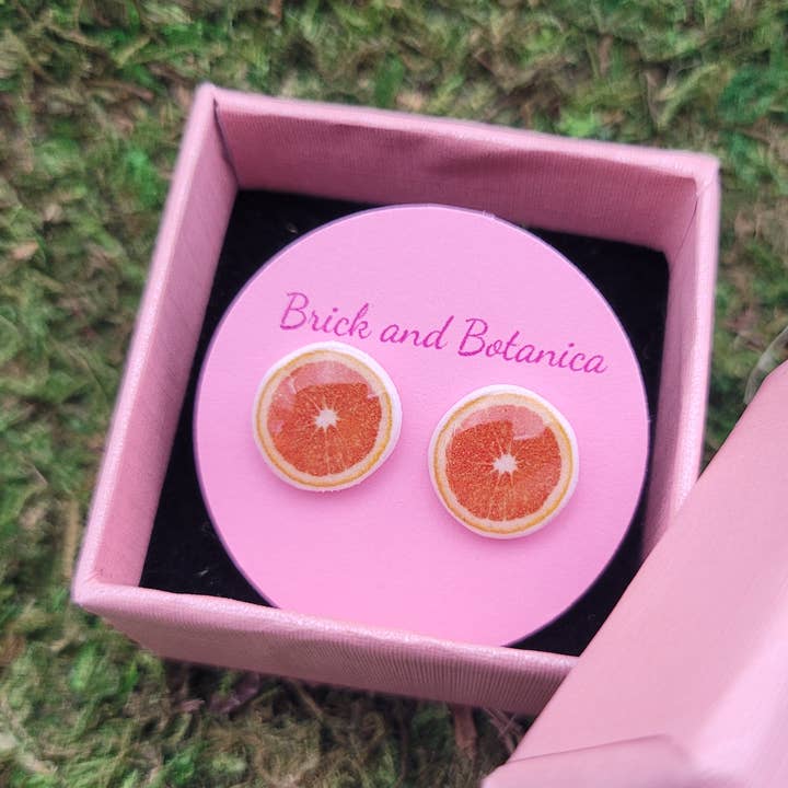 Handmade nickel free orange slice stud earrings for wholesale by Brick and Botanica