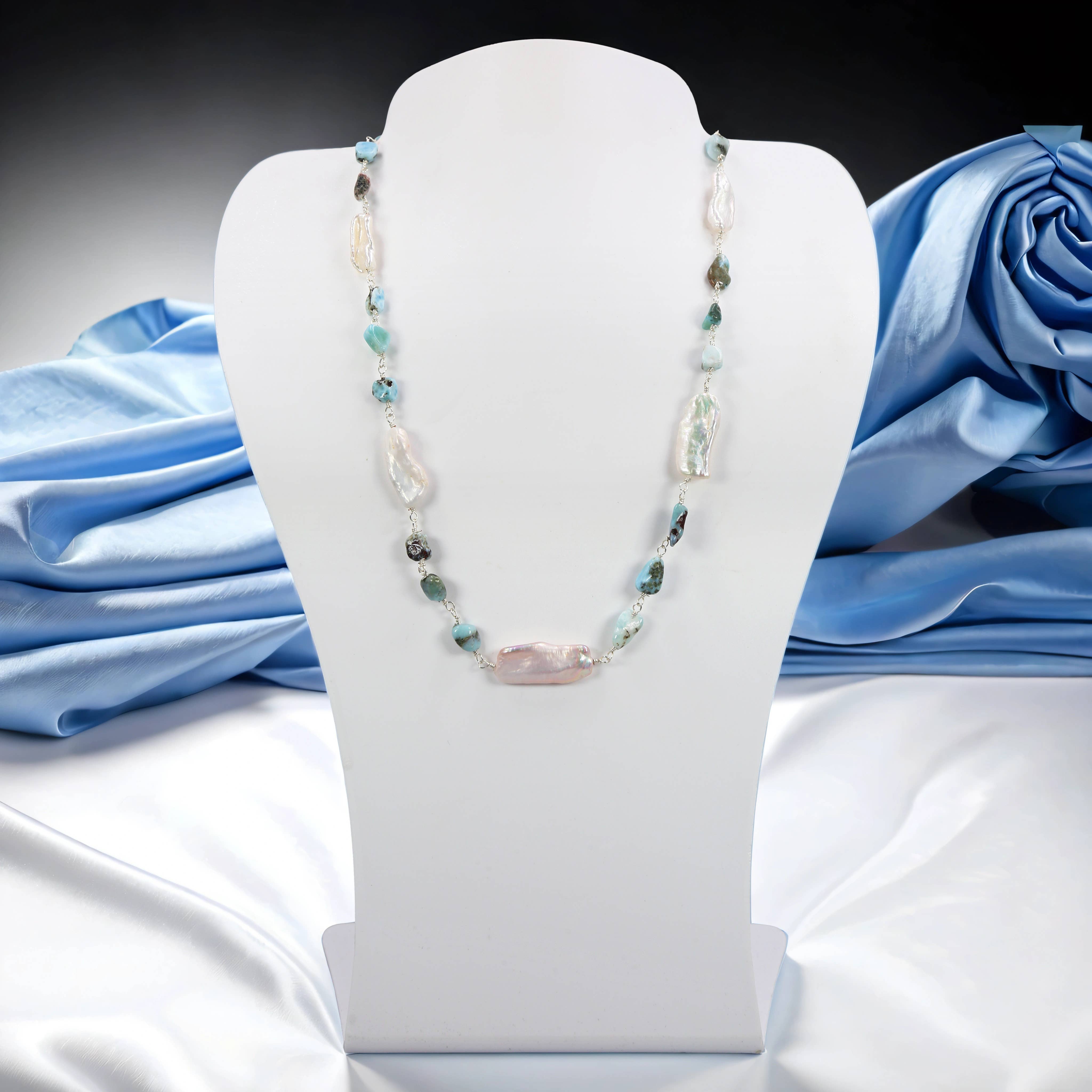 IST Jewelry – Engroshandel Perlehalskæde –  Larimar og kultiveret perle kort halskæde1