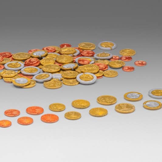 coppery brass Play money coins medium set (80 coins) for wholesale on Faire1