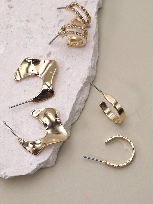 HUGGIE RHINSTONE HAMMERD TRIO EARRINGS | 80E1801 for wholesale by JOSSLYN by wall to wall