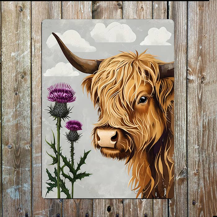 Hoogland Koe Distel | Schotland Schots | Metalen Bord Plaquette voor wholesale door The British Metal Signs Company