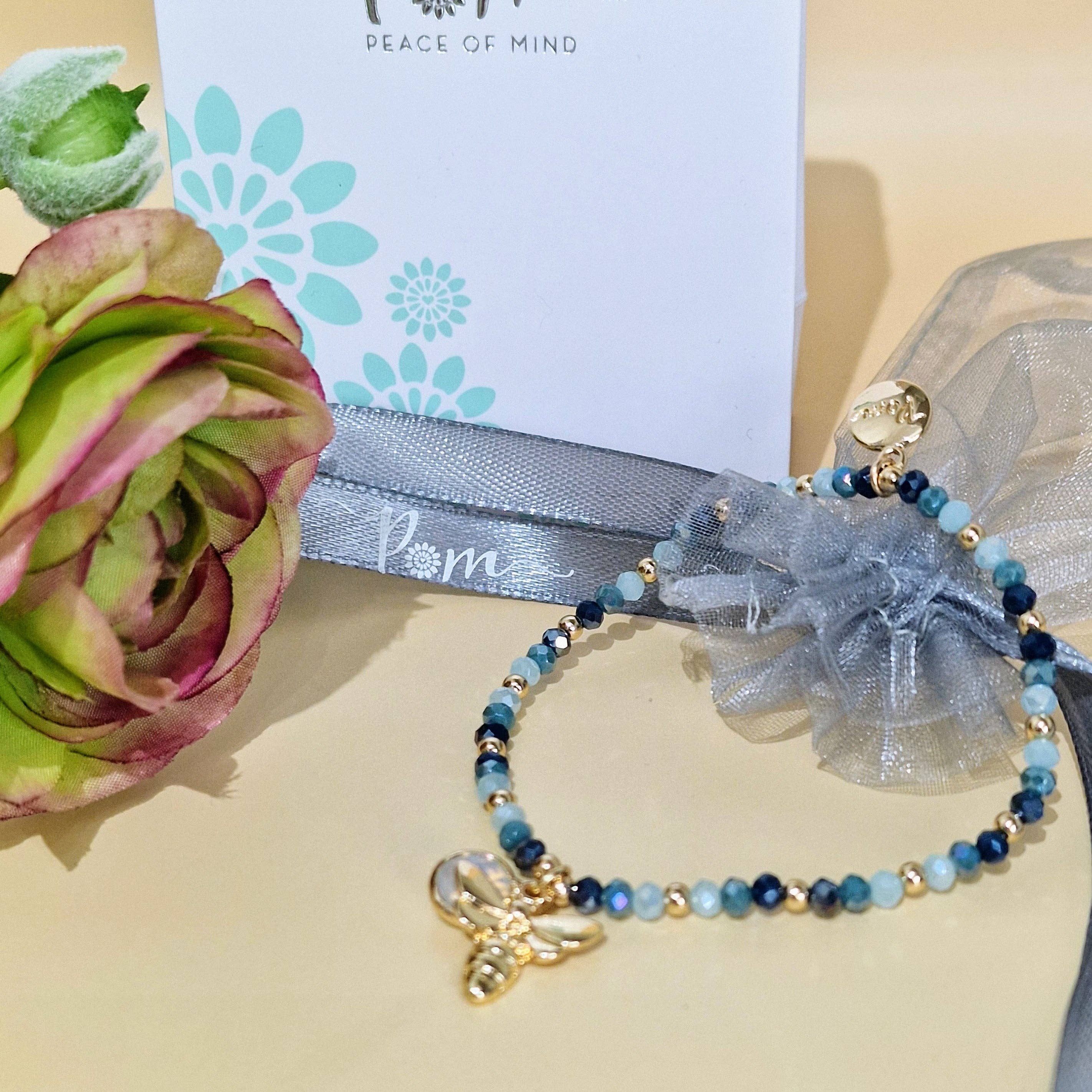 Bee my Oyster – wholesale Beaded bracelet – Denim Blue Crystal Beaded Stretch Bracelet Bee Charm by POM2