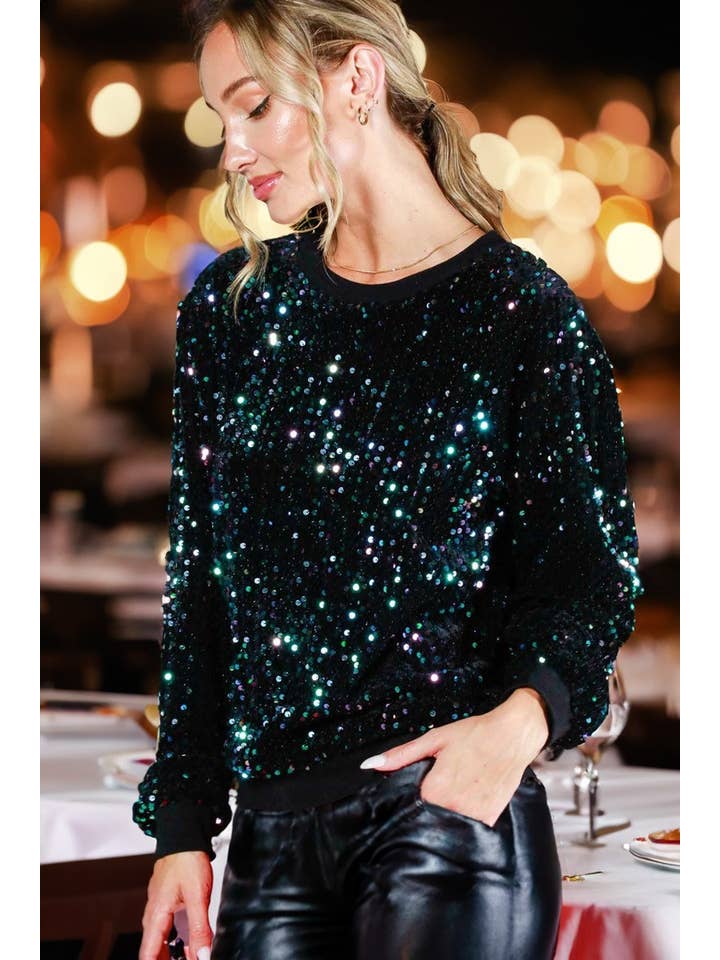 BLACK MULTI Allover Sequin Crewneck Velvet Sweatshirt Top VT81449 for wholesale on Faire