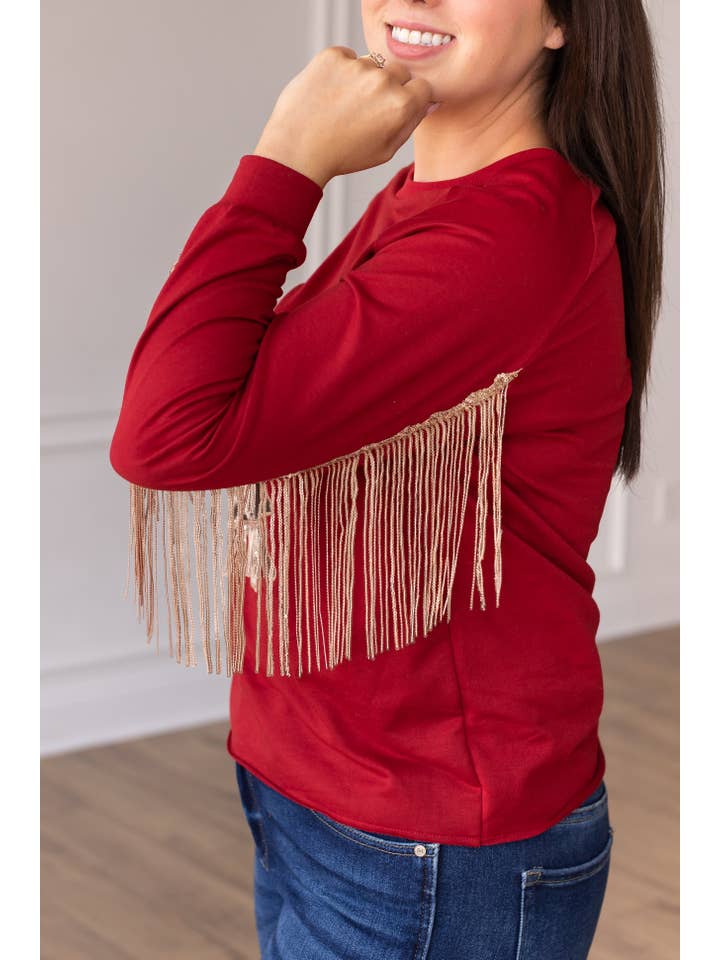 Red Top With Cowhide Tree and Sequin Fringe for wholesale on Faire3