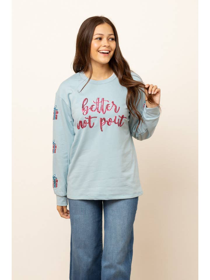 Better not Pout sequins Blue Sweater for wholesale on Faire