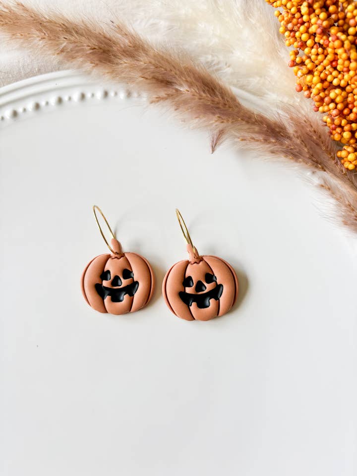 Halloween Jack O Lantern Hoop Clay Earrings for wholesale by Autumn Cloud Design