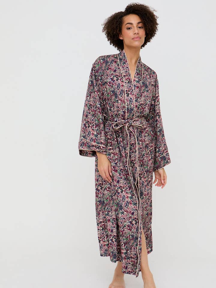 Corina Kimono Style Forest Floral Print Robe In Multi for wholesale by Lily and Lionel