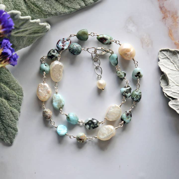 Larimar and Pearl Choker/Bracelet for wholesale by IST Jewelry