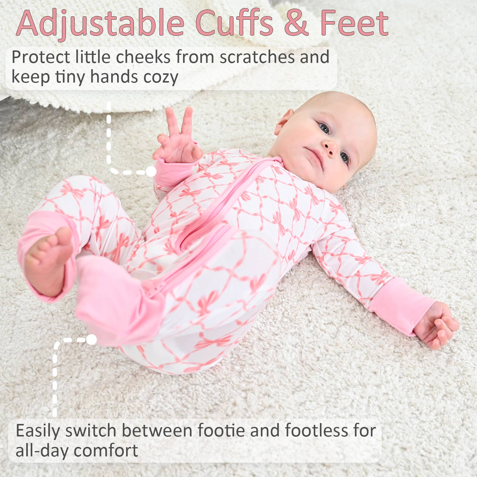 LollyBanks - Venta al por mayor Pijama - Bebé - Pijamas de Bambú para Bebé con Lazos Hermosos, Pelele con Cremallera de Doble Sentido2