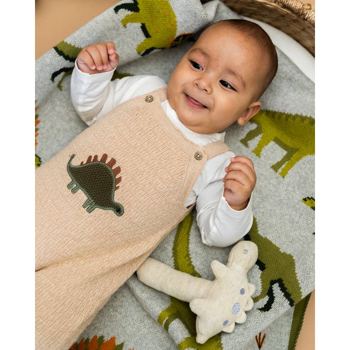 Oatmeal Heather Dino Embroidered Baby Knit Overall Set (Organic) for wholesale on Faire8
