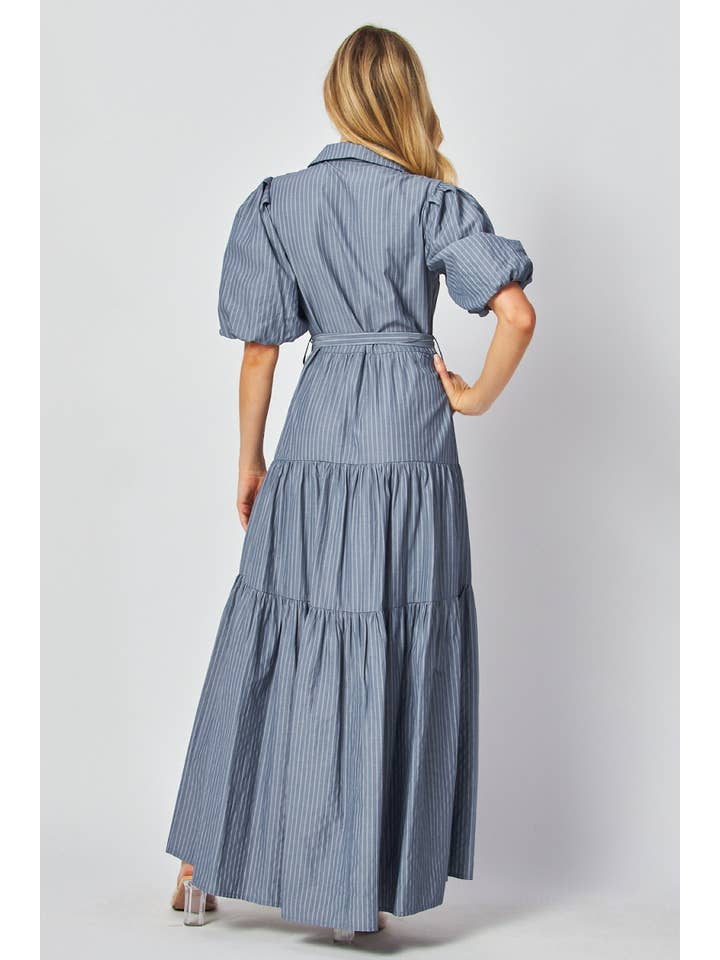 B I G H I T Fashion - Wholesale Dress - Women's - Stripe Bubble Sleeve Maxi Dress HD2644-DARK BLUE