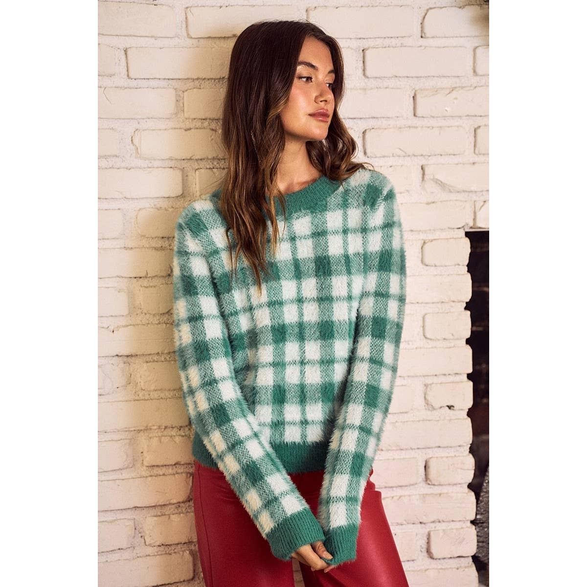 IVE - Wholesale Knit Sweater - Women's - Holiday Christmas Plaid Eyelash Sweater Top1