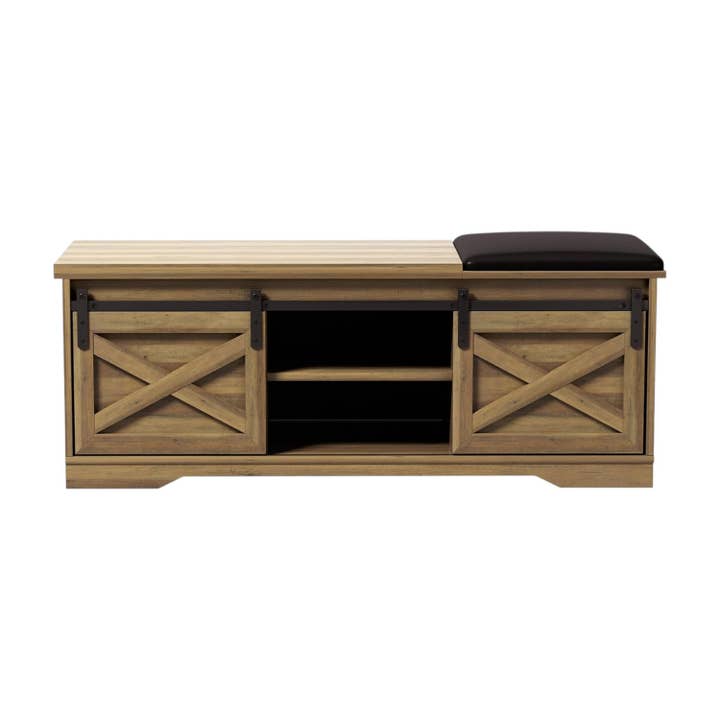 HomeRoots - Wholesale Bench - 47" Black and Natural Faux Leather And Wood Bench With Shoe Storage And Shelves