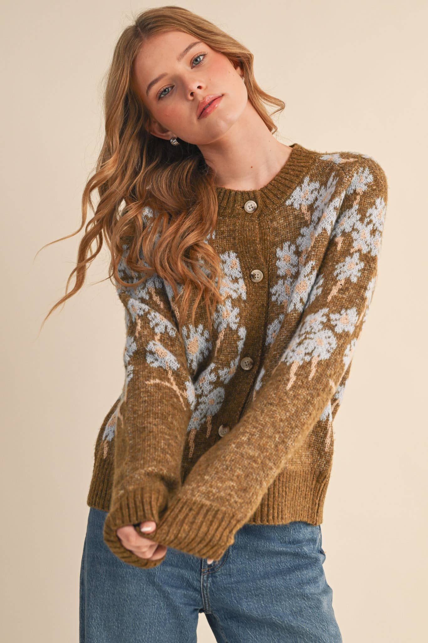 &MERCI - Wholesale Cardigan - Women's - FLORAL KNIT BUTTON DOWN SWEATER CARDIGAN MSW1123853