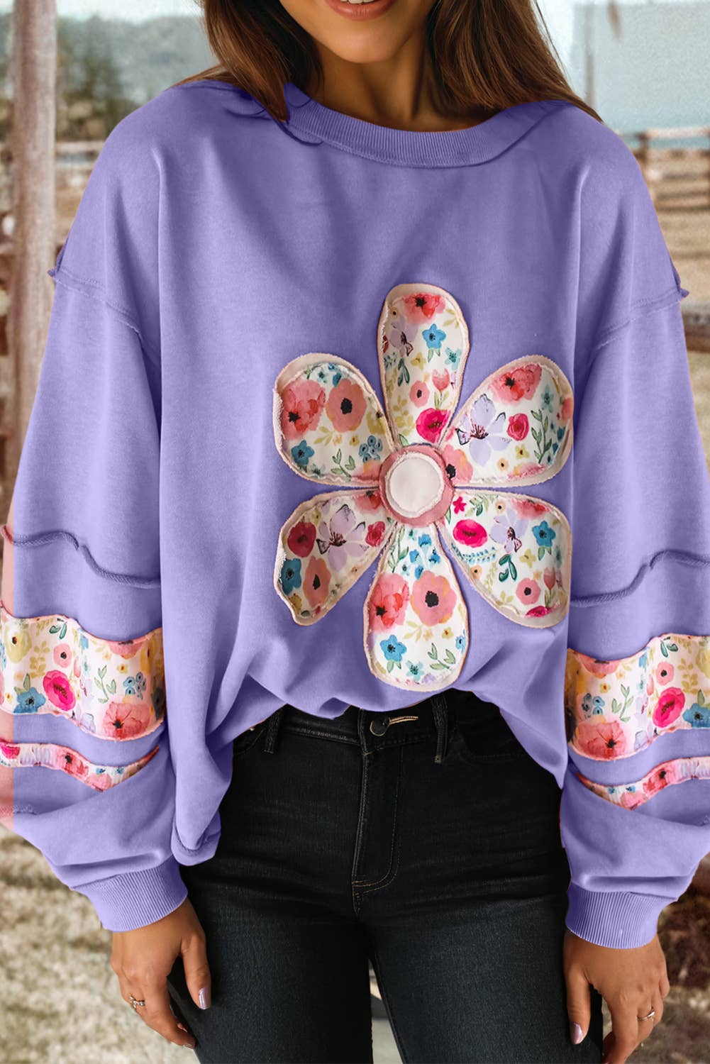 fashionworks - Wholesale Sweatshirt - Women's - Flower Applique Patch Drop Sleeve Pullover Sweatshirt4