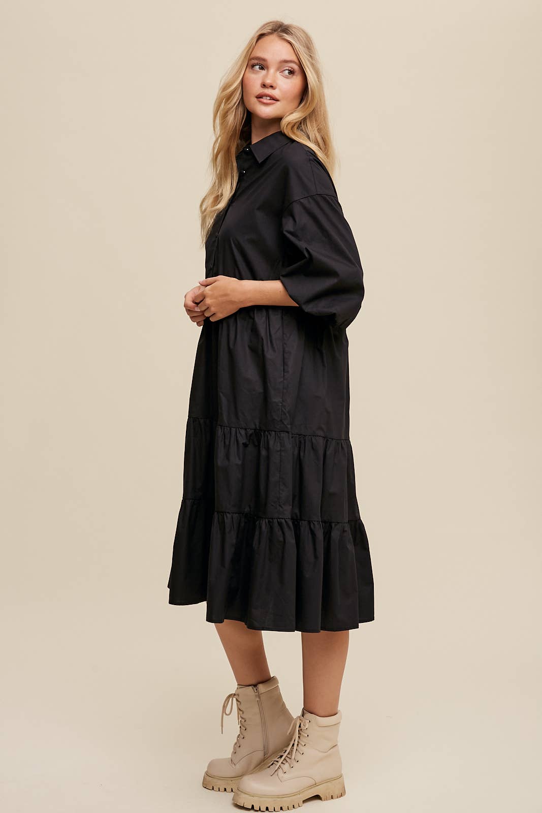 Listicle - Wholesale Dress - Women's - Tiered Poplin Shirt Dress8