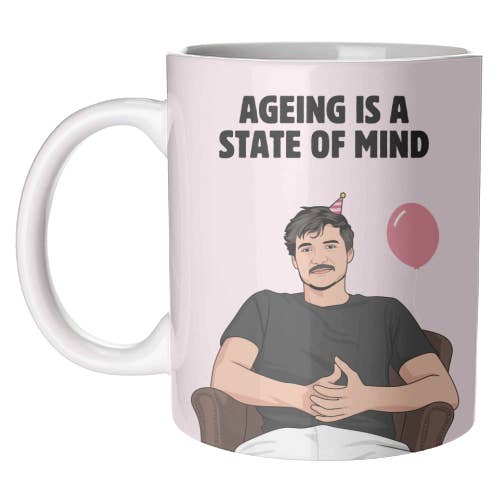 Mugs 'Ageing Is A State Of Mind Funny Pedro Pascal Quote' for wholesale by ART WOW (We Ship to the US with DHL)