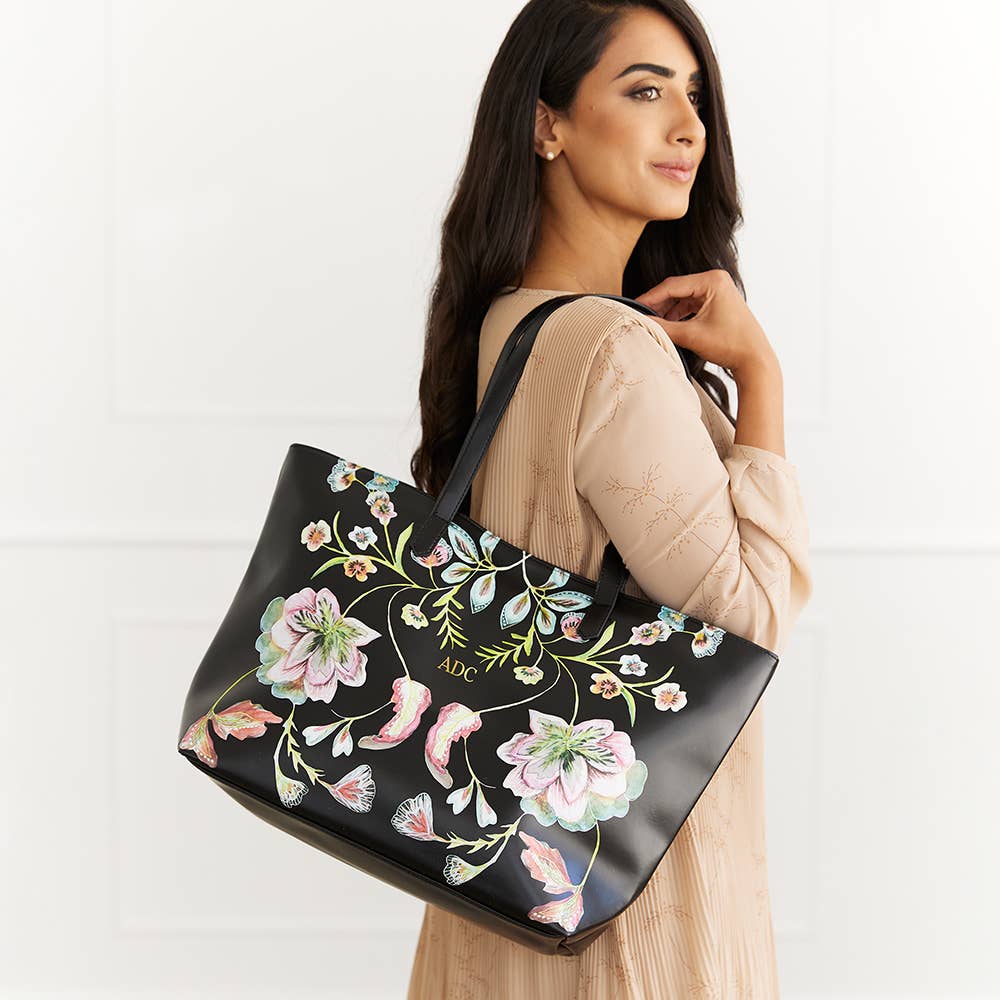 Weddingstar Inc. - Wholesale Tote Bag - Women's - Large Custom Faux Leather Tote Bag - Black Vintage Floral1