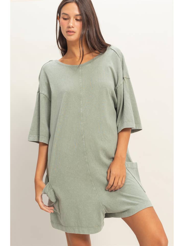 Mineral Washed V-Back Romper for wholesale by HYFVE