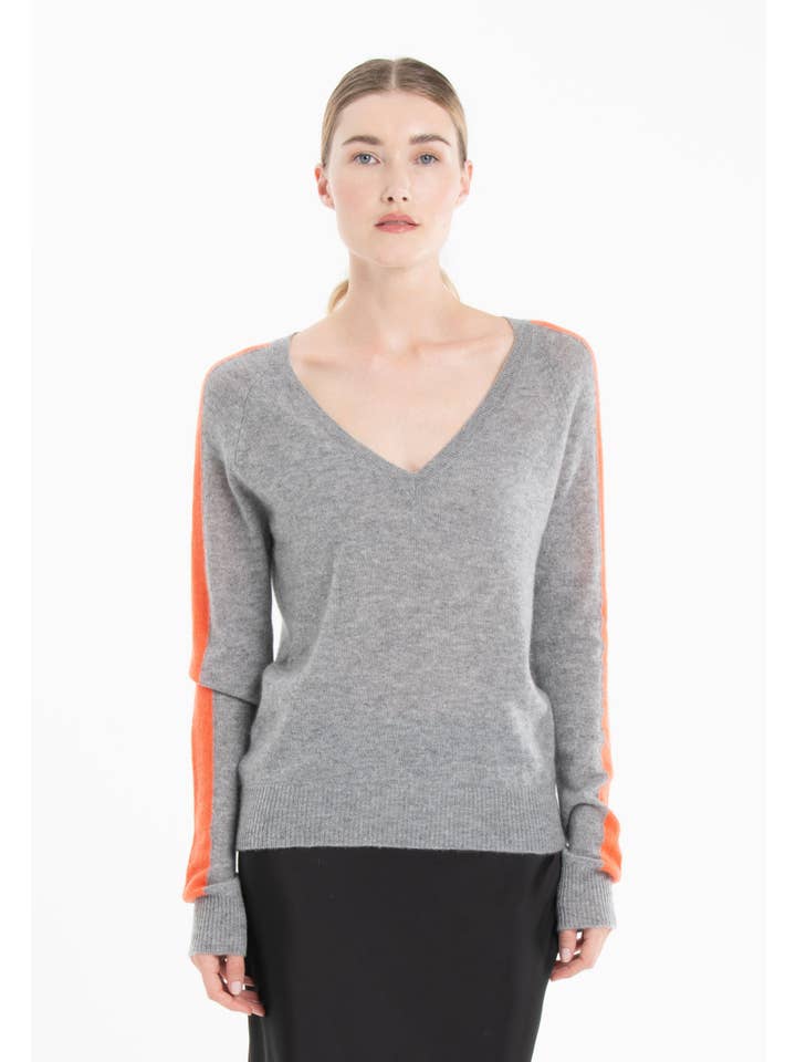 light grey mandarin Cashmere V-neck sweater RIA 1 for wholesale on Faire