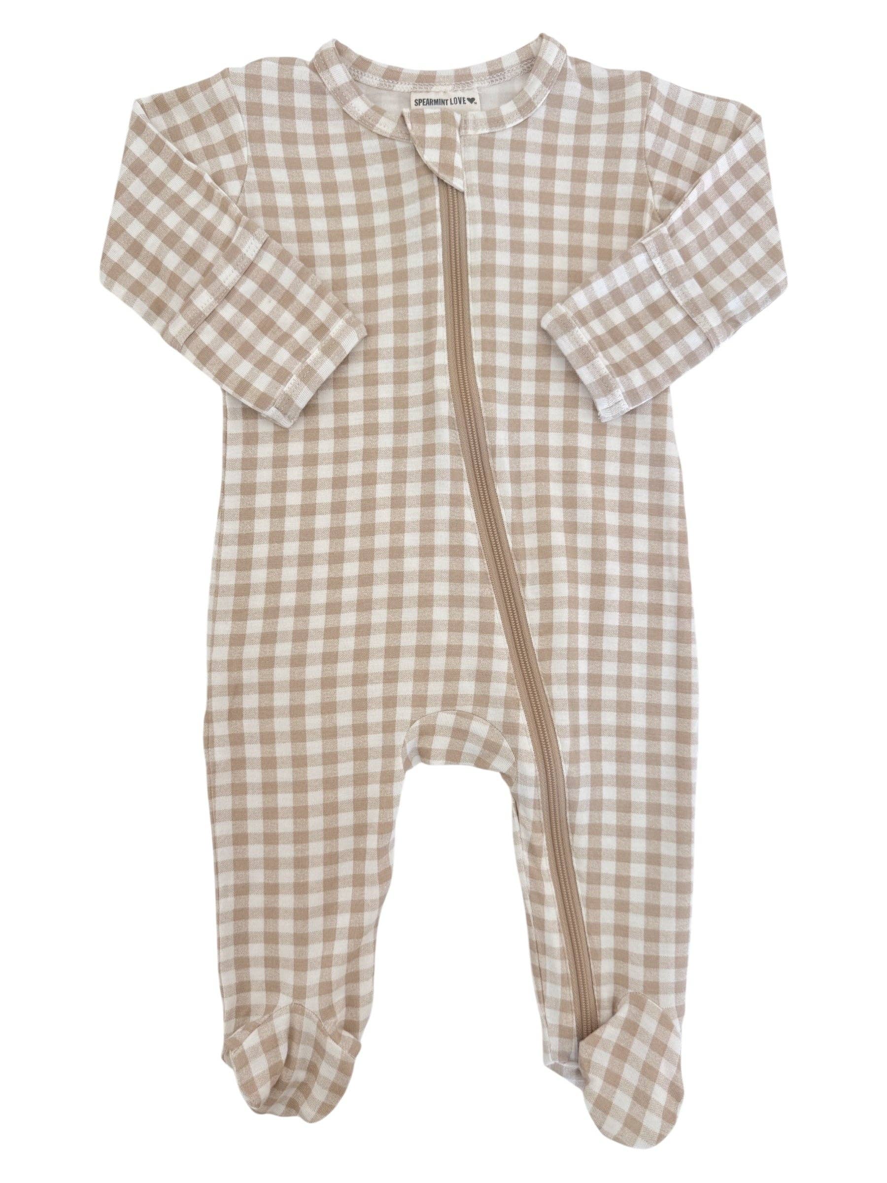 SpearmintLOVE - Vente Barboteuse – bébé - Pyjama à pieds à double fermeture éclair, Vichy beige0