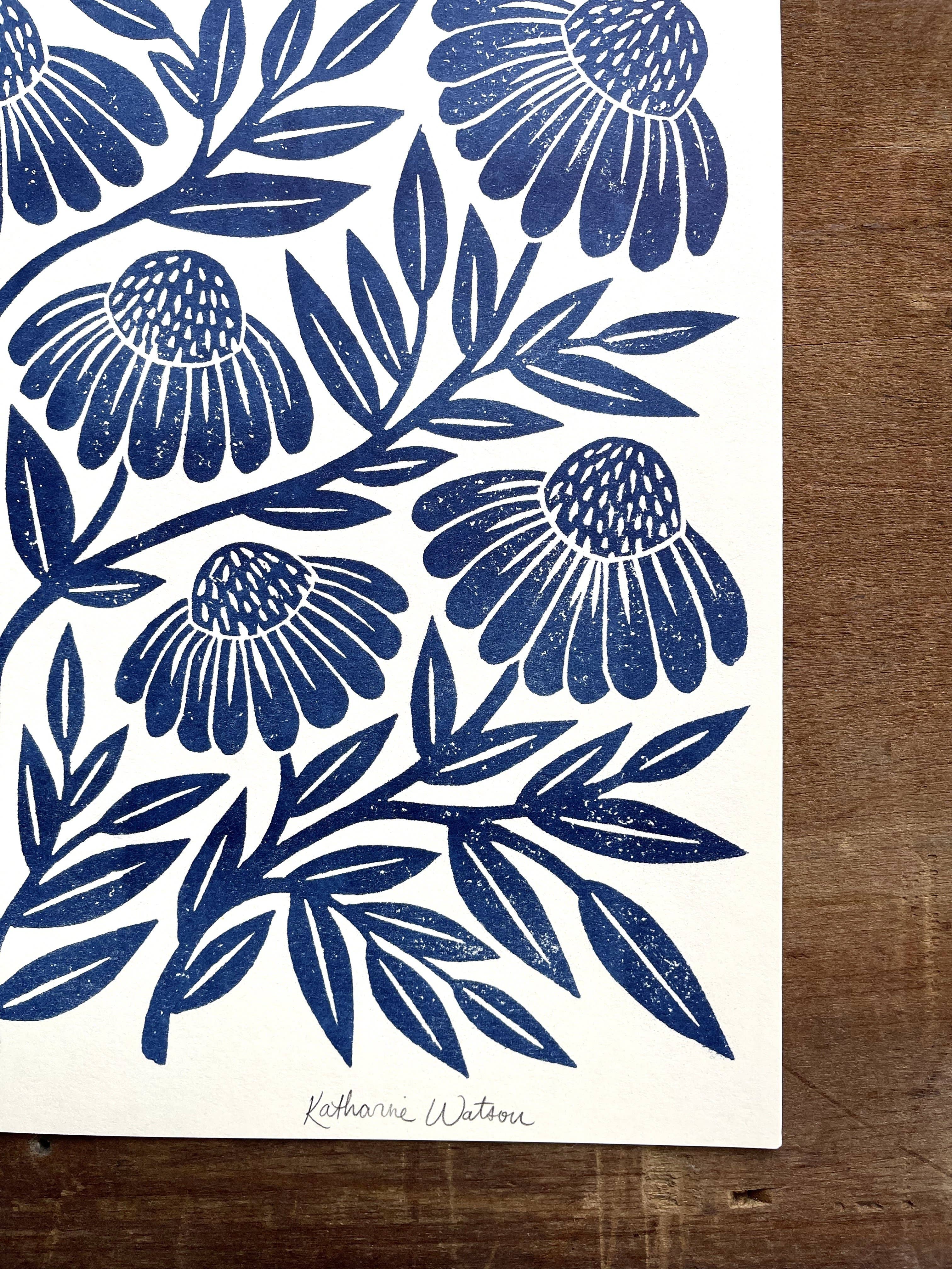 Katharine Watson - Vente Affiche d'art - Série Garden : impression d'art risographique à l'échinacée bleu marine2