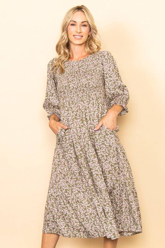 Elloh Collection - Vendita all'ingrosso Vestito - Donna - Abito midi vintage a fiori con smock a balze e tasche11