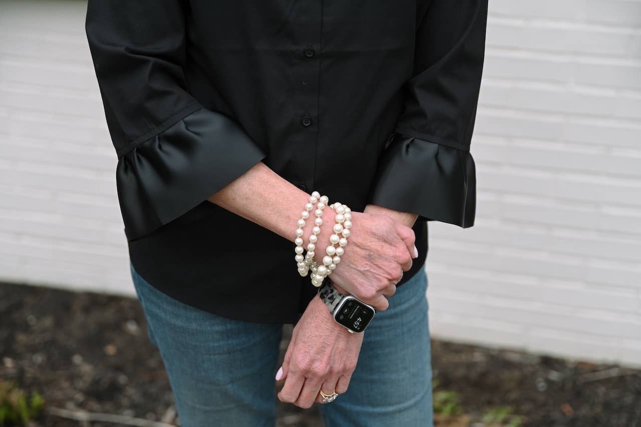 Pearly Vine - Wholesale Button Down Shirt - Women's - Barbara Ann Poplin Ribbon Trim 3/4 Sleeve - Black Black1