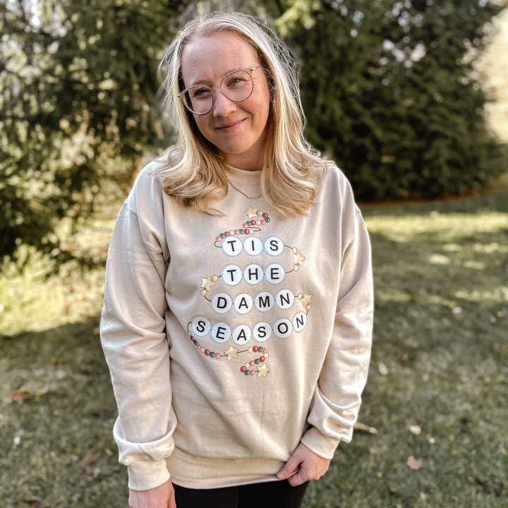 Katy Ryan Designs - Wholesale Graphic Sweatshirt - Women's - Tis the Damn Season – Cozy Tan Crewneck Sweatshirt1