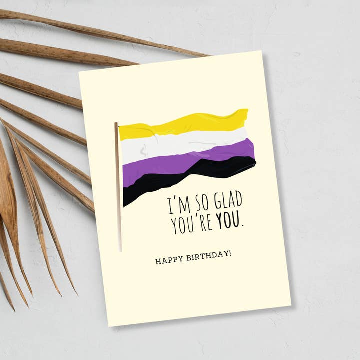 I'm So Glad You're You LGBTQ+ Birthday Card | Premium Linen Paper | Non Binary NB Pride Celebration Card for wholesale by JoeyPrints