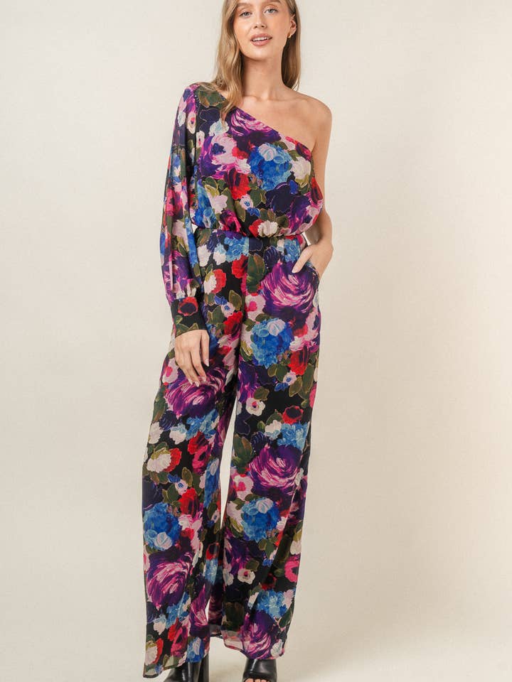 BUNTER FLORALER OVERALL MIT EINSCHULTRIGEN ÄRMEL-PC6459FO für den Großhandel von Fore Collection